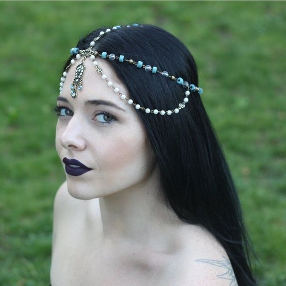 GOLD TONE HANDMADE HEADPIECE CROWN BLUE WOODED BEADS FAUX PEARL & SWAROVSKI NWT - Picture 8 of 8
